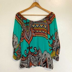 Colorful 3/4 Balloon Sleeve Boat Neck Top